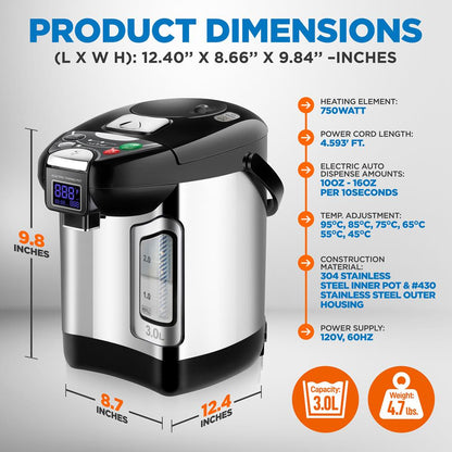Digital Water Boiler 3L - Instant Heating, LCD Display, Stainless Steel