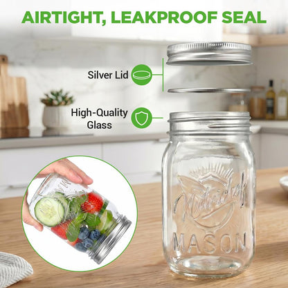 16-Pack 16 oz Mason Jars - Airtight Seal, Durable Glass, Silver Lids