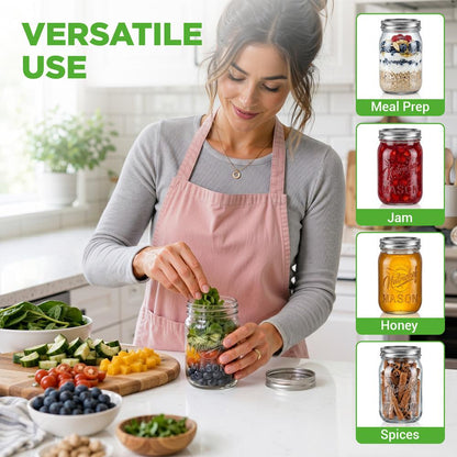 16-Pack 16 oz Mason Jars - Airtight Seal, Durable Glass, Silver Lids