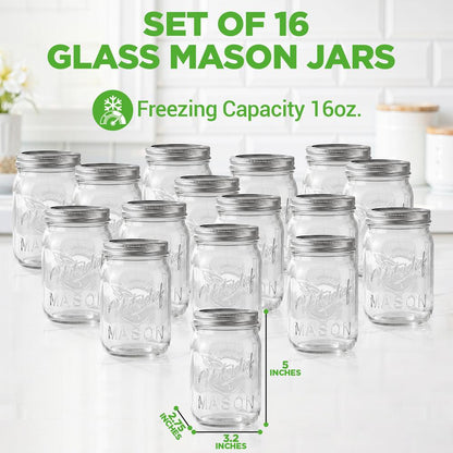 16-Pack 16 oz Mason Jars - Airtight Seal, Durable Glass, Silver Lids