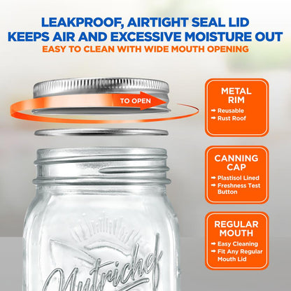 Mason Jars 2-Pack 16 oz - Airtight Seal, Thick Glass, Silver Lids