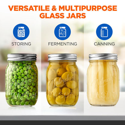 Mason Jars 2-Pack 16 oz - Airtight Seal, Thick Glass, Silver Lids