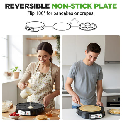 12" Reversible Crepe And Pancake Maker And Aluminum Hot Plate Griddle Cooktop With Led Indicator And Adjustable Temperature Control