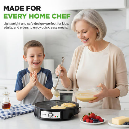12" Reversible Crepe And Pancake Maker And Aluminum Hot Plate Griddle Cooktop With Led Indicator And Adjustable Temperature Control