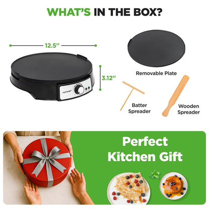 12" Reversible Crepe And Pancake Maker And Aluminum Hot Plate Griddle Cooktop With Led Indicator And Adjustable Temperature Control