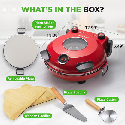 Electric Pizza Oven, Precise Cooking, Non-Stick Stone, Red