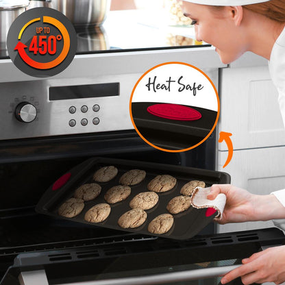 2-Piece Nonstick Baking Pan Set, Even Heat, Carbon Steel, Red Handles