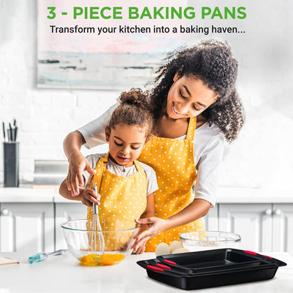 3-Piece Nonstick Baking Pan Set - Easy Clean Carbon Steel 0.6mm, Red Handles