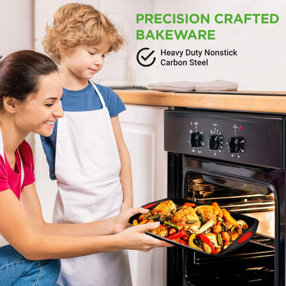 3-Piece Nonstick Baking Pan Set - Easy Clean Carbon Steel 0.6mm, Red Handles
