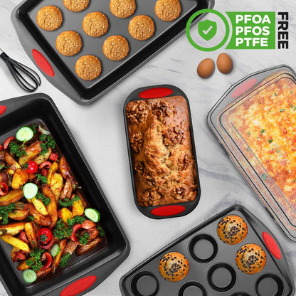 6-Piece Nonstick Bakeware Set - Easy Clean Carbon Steel, Red Handles