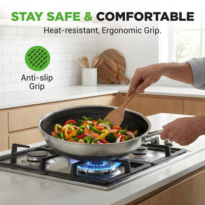 12" Stainless Steel Wok - Quick Heat, Non-Stick, Scratch-Resistant