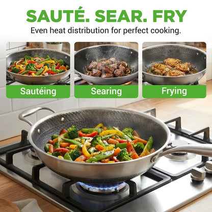 12" Stainless Steel Wok - Quick Heat, Non-Stick, Scratch-Resistant