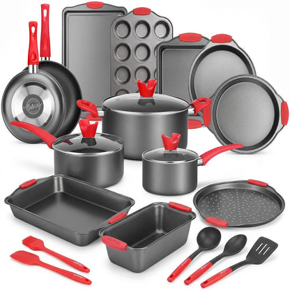 21-Piece Nonstick Cookware Set - Even Heat, Cool-Touch Handles, Red