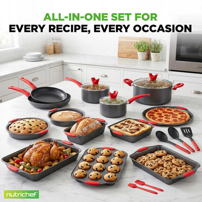 21-Piece Nonstick Cookware Set - Even Heat, Cool-Touch Handles, Red