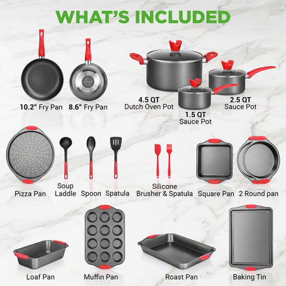 21-Piece Nonstick Cookware Set - Even Heat, Cool-Touch Handles, Red