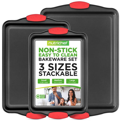 3-Piece Nonstick Baking Pan Set - Easy Clean Carbon Steel 0.4mm, Red Handles