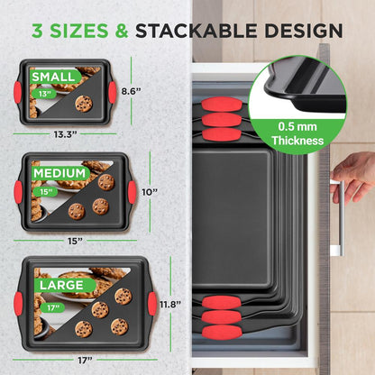3-Piece Nonstick Baking Pan Set - Easy Clean Carbon Steel 0.4mm, Red Handles