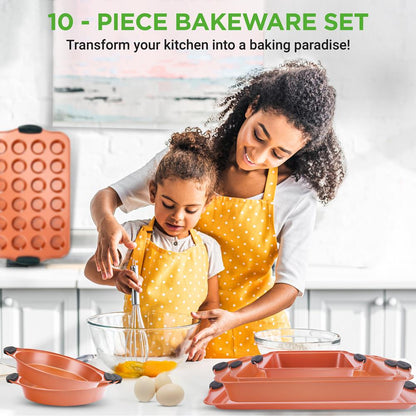 10-Piece Nonstick Bakeware Set, Even Heating, Carbon Steel, Blue Handles