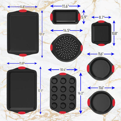 8-Piece Nonstick Bakeware Set, Carbon Steel, Red Silicone Handles
