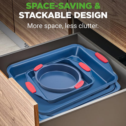 8-Piece Nonstick Bakeware Set, Carbon Steel, Silicone Handles, Blue