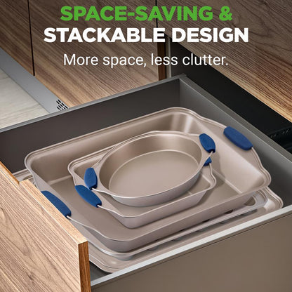 10-Piece Nonstick Bakeware Set - Easy Clean Carbon Steel, Blue Handles