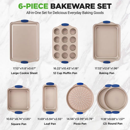 8-Piece Nonstick Bakeware Set - Easy Release Carbon Steel, Blue Handles