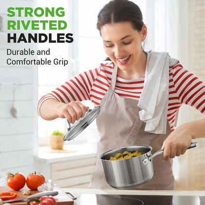 2 Quart Stainless Steel Saucepan - Even Heat, Tempered Glass Lid