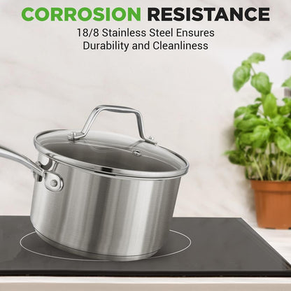 2 Quart Stainless Steel Saucepan - Even Heat, Tempered Glass Lid
