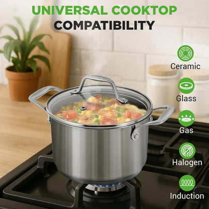 3-Quart Stainless Steel Pot, Even Heat, Glass Lid, Induction Safe