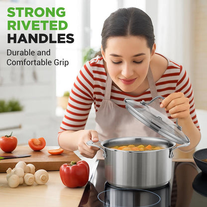 3-Quart Stainless Steel Pot, Even Heat, Glass Lid, Induction Safe