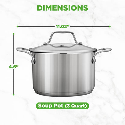 3-Quart Stainless Steel Pot, Even Heat, Glass Lid, Induction Safe