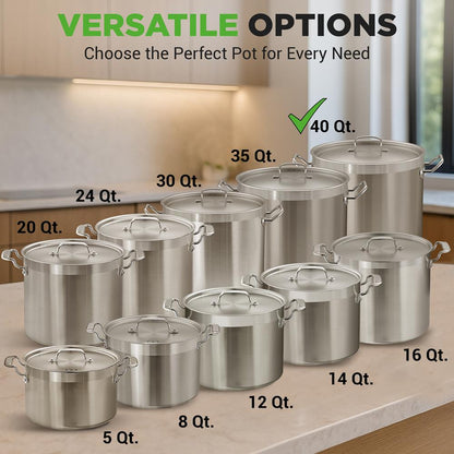 40 Qt Stainless Steel Stockpot, Even Heat, Induction Compatible