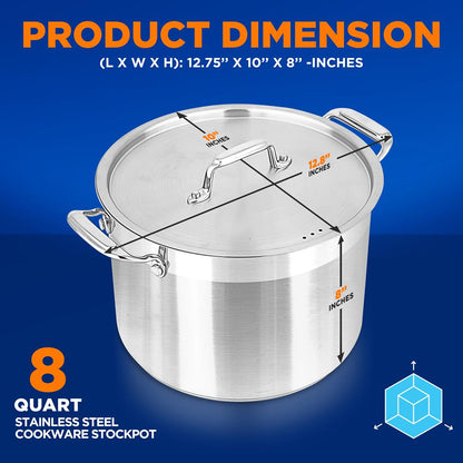 8 Qt Stockpot for Soups & Stews, Induction Safe, Stainless Steel