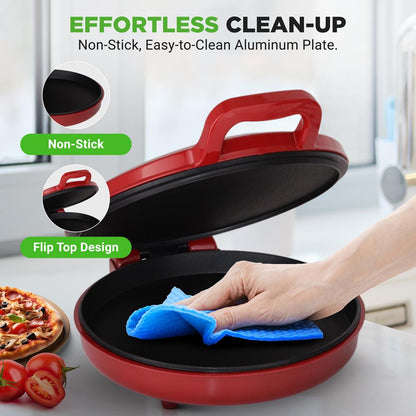 Countertop Pizza Maker, Quick 12" Pizzas, Non-Stick Aluminum, Red