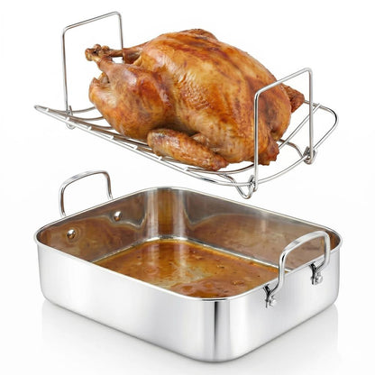 14" Stainless Steel Roasting Pan, Warp Resistant, Polished Rack