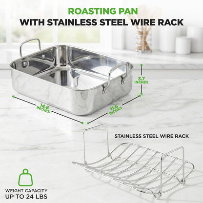 14" Stainless Steel Roasting Pan, Warp Resistant, Polished Rack