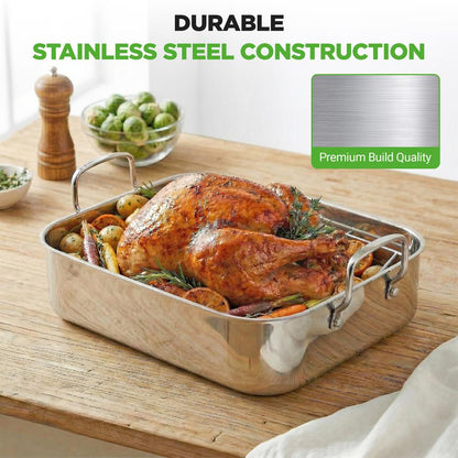 14" Stainless Steel Roasting Pan, Warp Resistant, Polished Rack