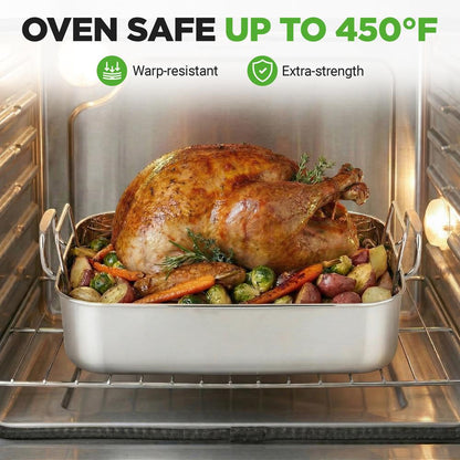 14" Stainless Steel Roasting Pan, Warp Resistant, Polished Rack