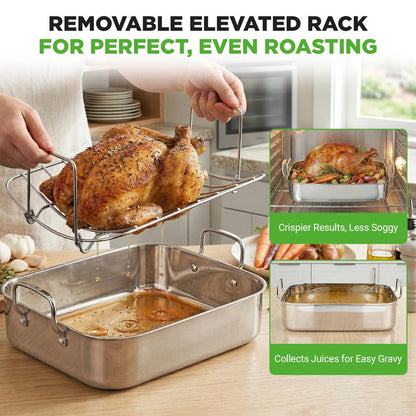14" Stainless Steel Roasting Pan, Warp Resistant, Polished Rack
