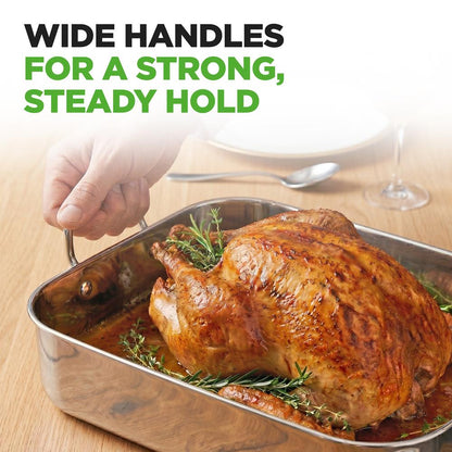 14" Stainless Steel Roasting Pan, Warp Resistant, Polished Rack