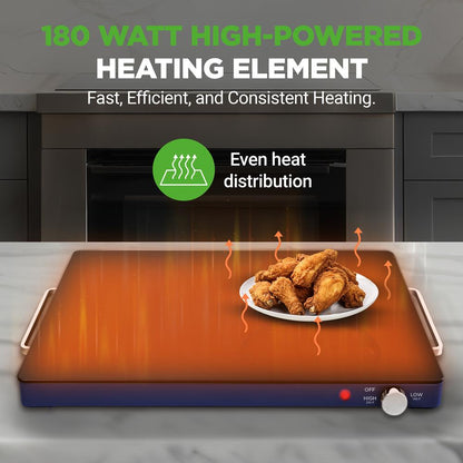 Electric Warming Tray Keeps Food Warm Glass Surface Adjustable Temp Blue
