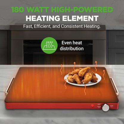 Electric Warming Tray Keeps Food Warm Glass Surface Adjustable Temp Red