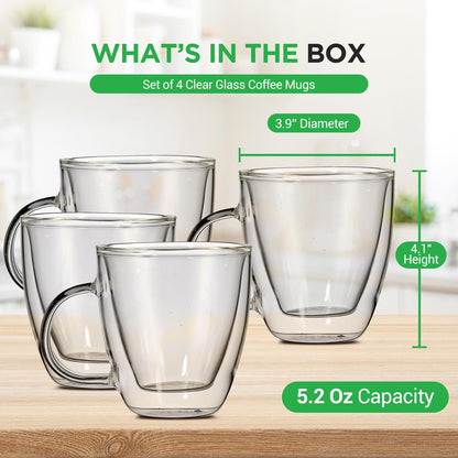 Espresso Cups Set, Insulated Double-Walled Glass, 5.2 Oz, Clear