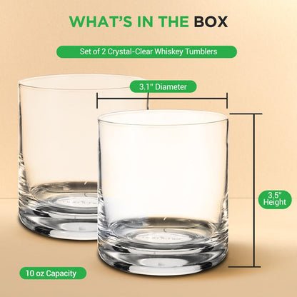 Whiskey Glass Set 10 Oz - Durable Lead-Free Crystal, Elegant Design