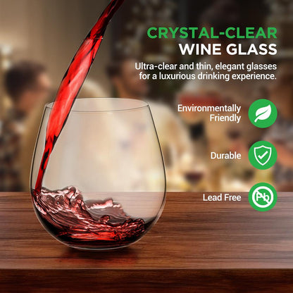 Stemless Wine Glasses Set of 12, Ultra Thin Crystal, Clear, 15 Oz