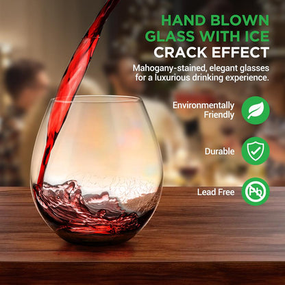 Stemless Wine Glasses Set, 19 Oz, Hand Blown Crystal, Dishwasher Safe