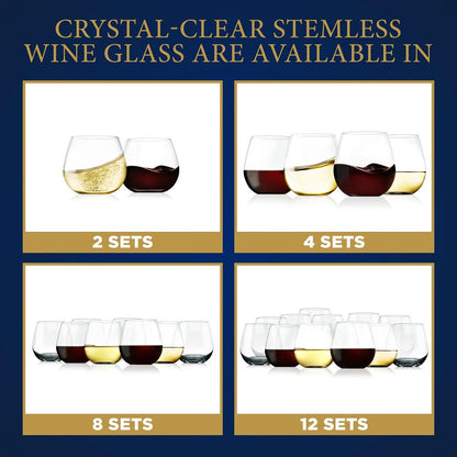 Stemless Wine Glasses Set of 4 - Elegant Crystal, Shatter-Resistant, Clear