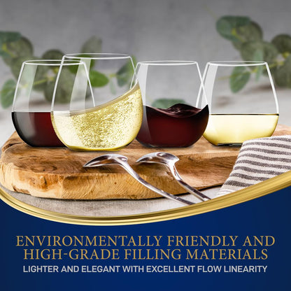 Stemless Wine Glasses Set of 4 - Elegant Crystal, Shatter-Resistant, Clear