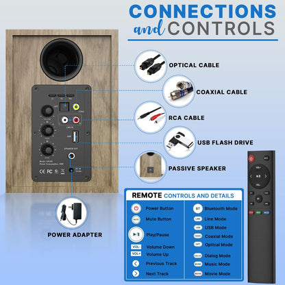 Bluetooth Bookshelf Speakers Hi-Fi Sound 60W MDF Wood