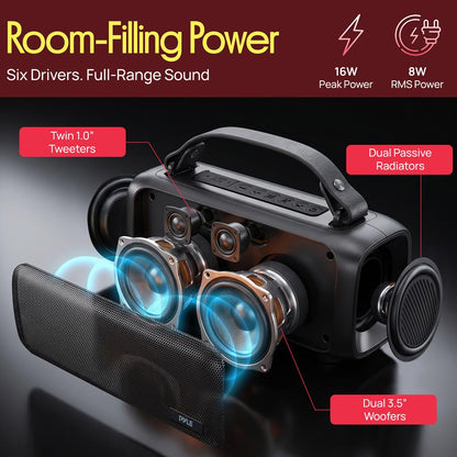 Pyle 2.0Ch Portable Bluetooth Speaker With Tws Function, Fm Radio, A2Dp, Hd Audio, Rgb Led Lights, And Shockproof Design (Black)